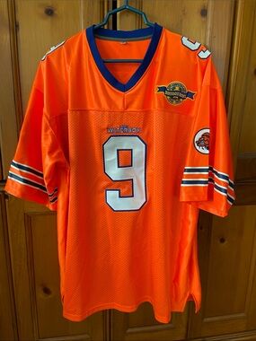 50th Anniversary Bourbon Bowl Orange #9 Football Jersey with Navy Trim